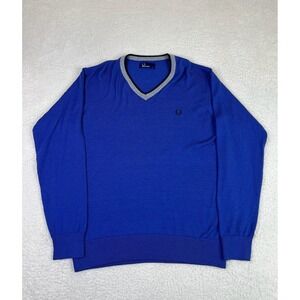 Fred Perry Sweater Mens Large Blue 100% Wool V Neck Lightweight Knit Pullover